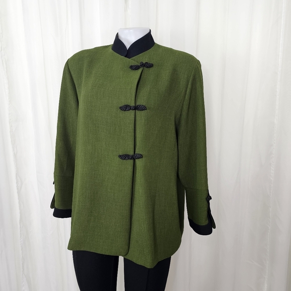 Emmelle vintage asian-inspired jacket green black trim frog buttons medium - Picture 1 of 7